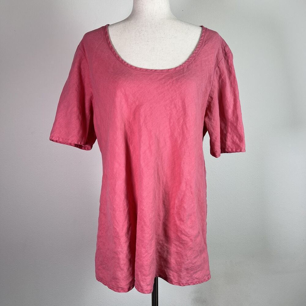 Flax 100% Linen Short Sleeve Top Women's Large‎ Pink Simple is Superb Round Neck